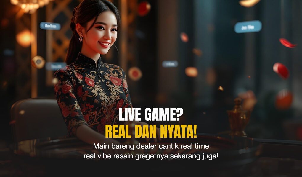 Dealer wanita tersenyum duduk di meja permainan live casino dengan latar ruangan elegan dan efek chip melayang dalam suasana real-time.