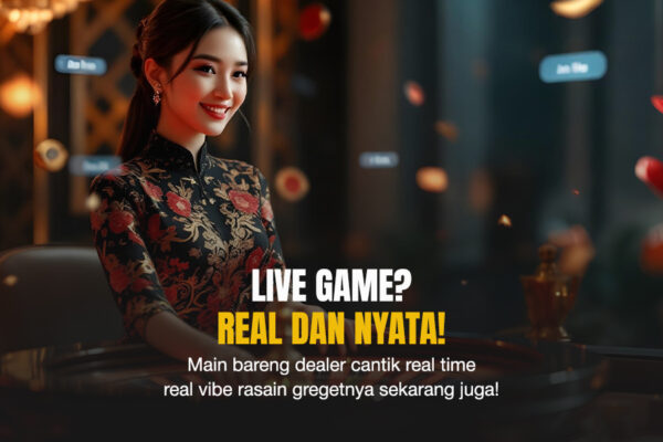 Live Dealer Casino: Sensasi Nyata Dalam Taruhan Online Dealer wanita tersenyum duduk di meja permainan live casino dengan latar ruangan elegan dan efek chip melayang dalam suasana real-time.