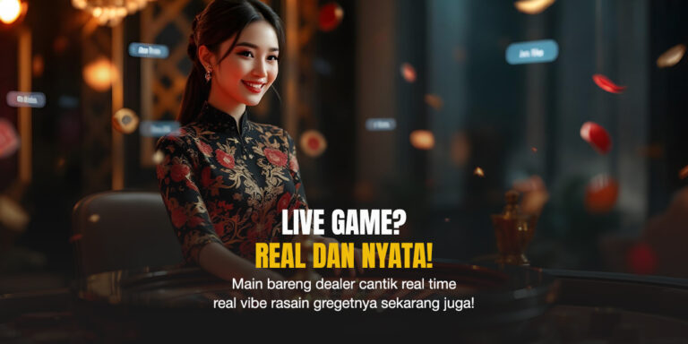 Dealer wanita tersenyum duduk di meja permainan live casino dengan latar ruangan elegan dan efek chip melayang dalam suasana real-time.